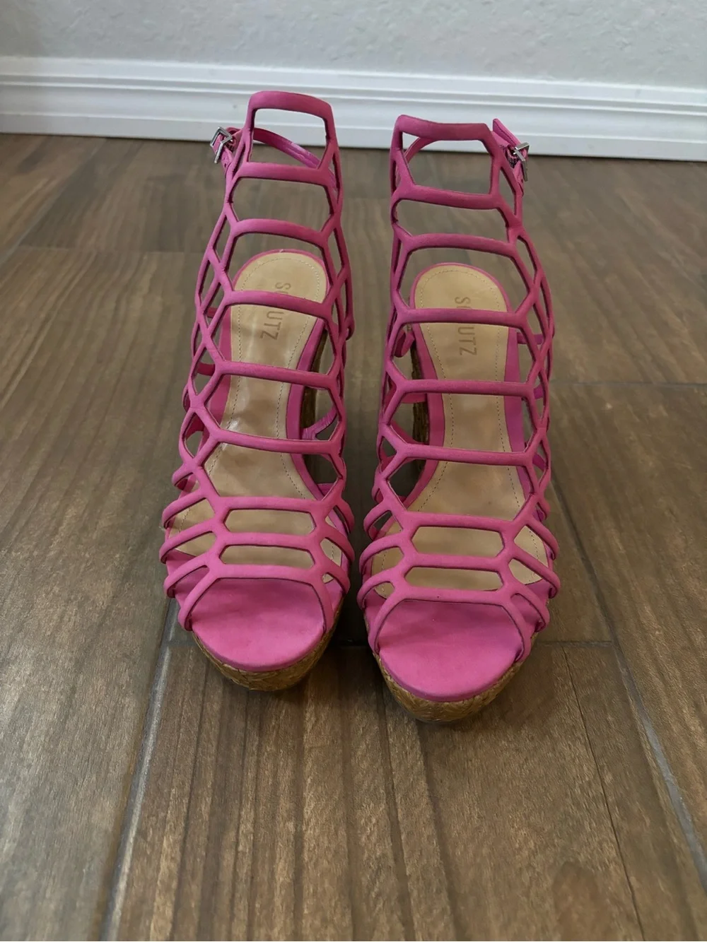Schutz Marlyn Pink Espadrille Wedge Caged Open Toe Heeled Sandals